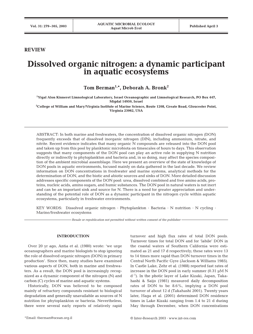 Dissolved Organic Nitrogen: a Dynamic Participant in Aquatic Ecosystems