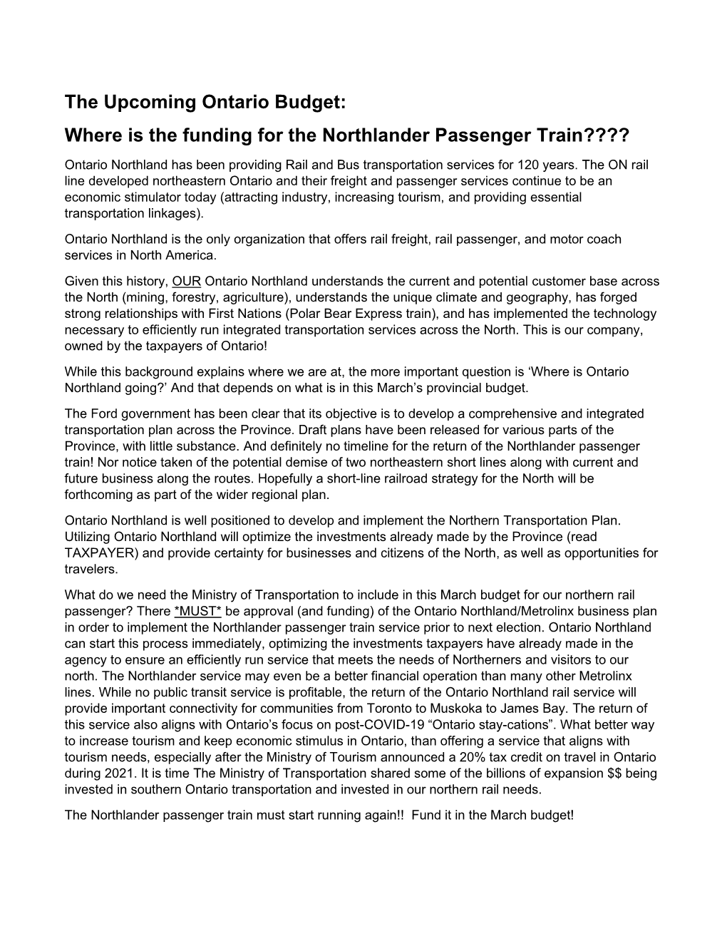 The Upcoming Ontario Budget: Where Is the Funding for the Northlander Passenger Train????