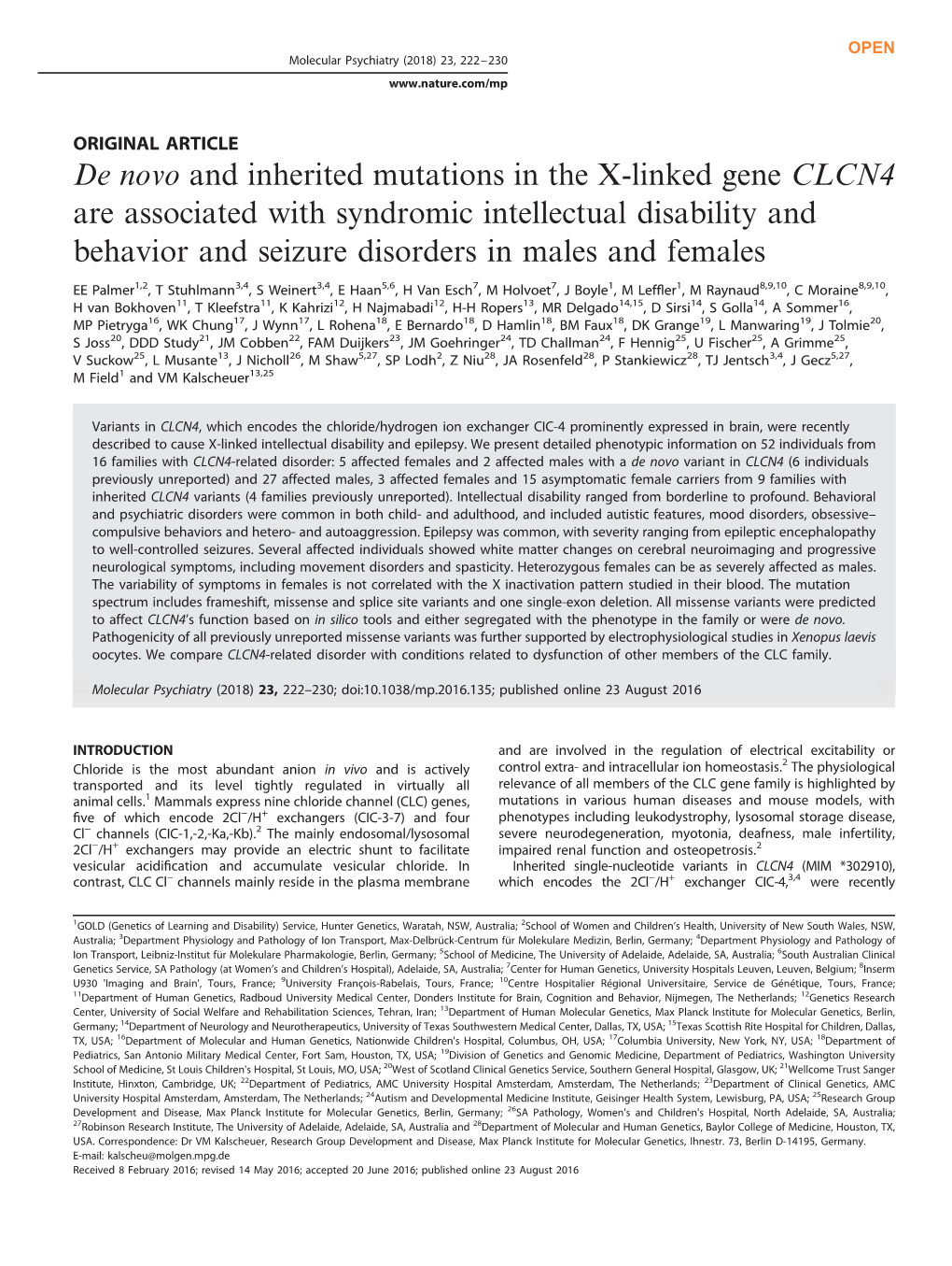 De Novo and Inherited Mutations in the X-Linked Gene CLCN4 Are Associated with Syndromic Intellectual Disability and Behavior An