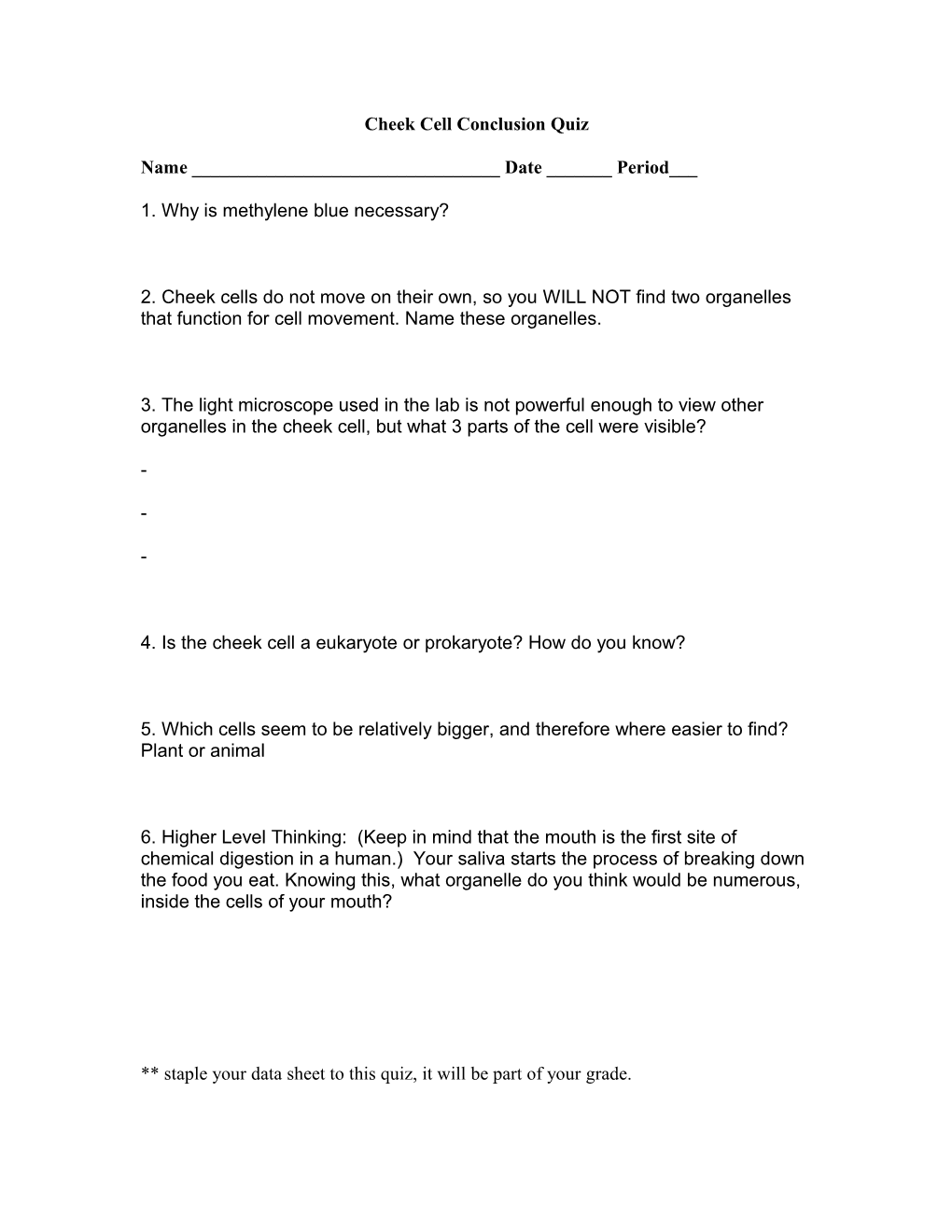 Cheek Cell Conclusion Quiz