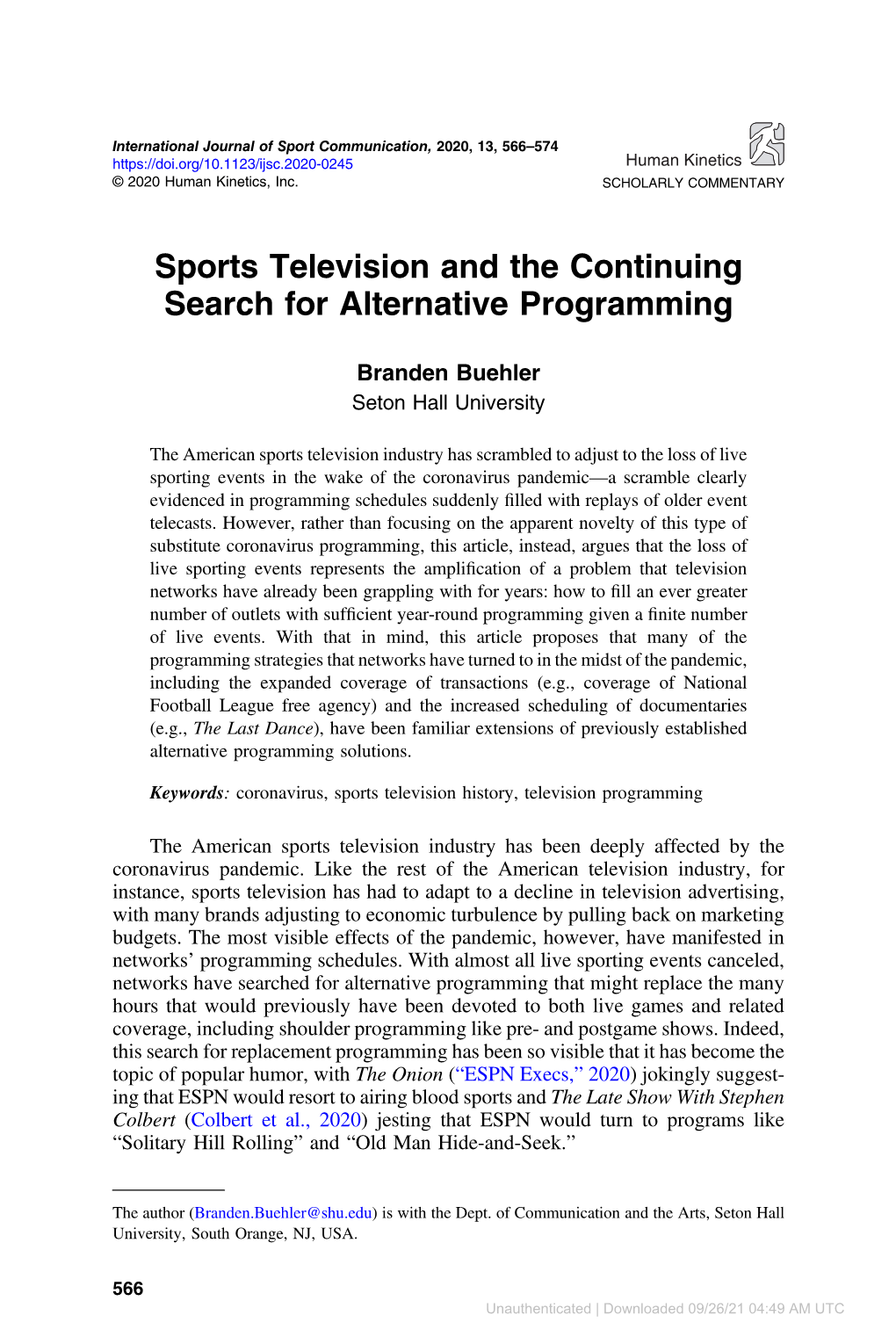 Sports Television and the Continuing Search for Alternative Programming