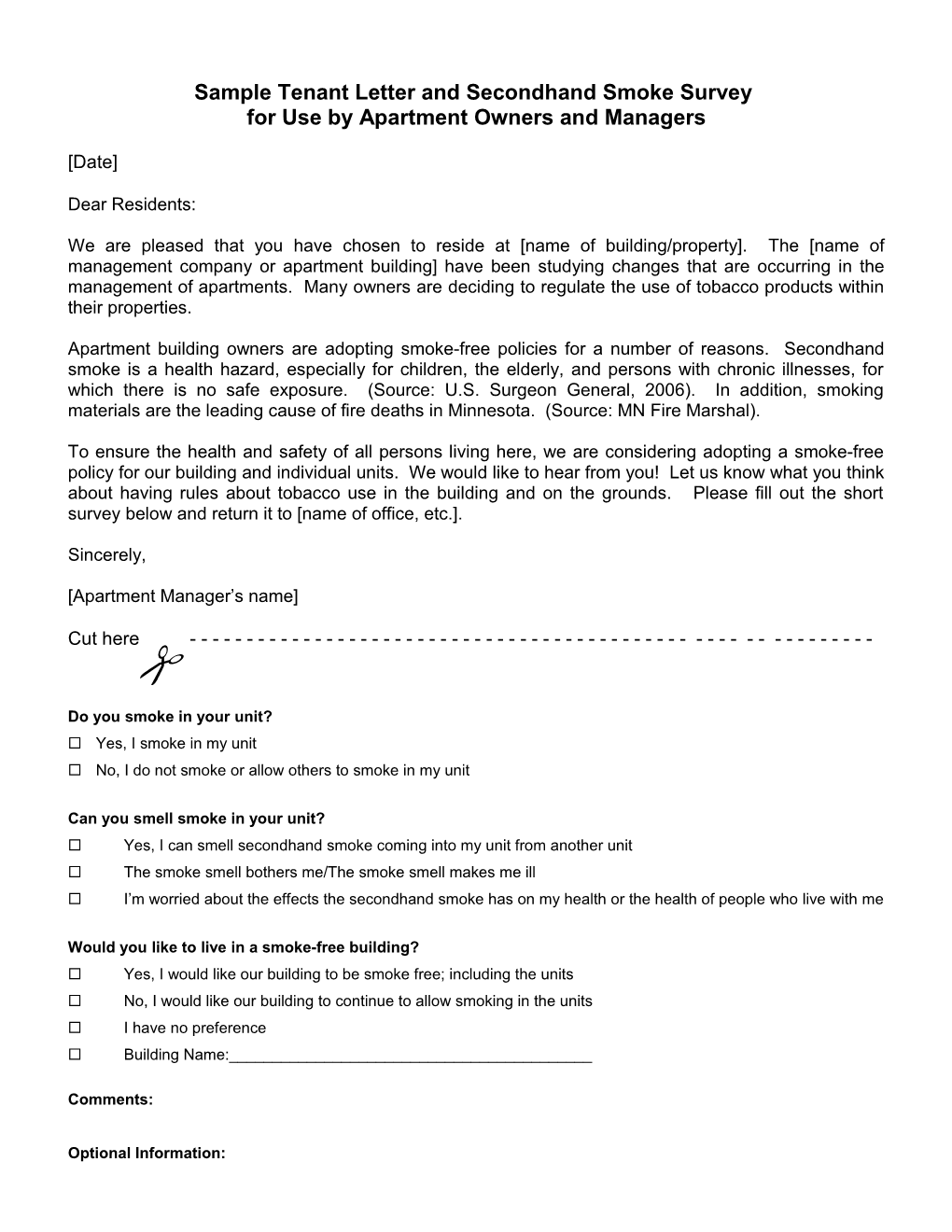 Sample Tenant Letter and Survey for Owners/Managers