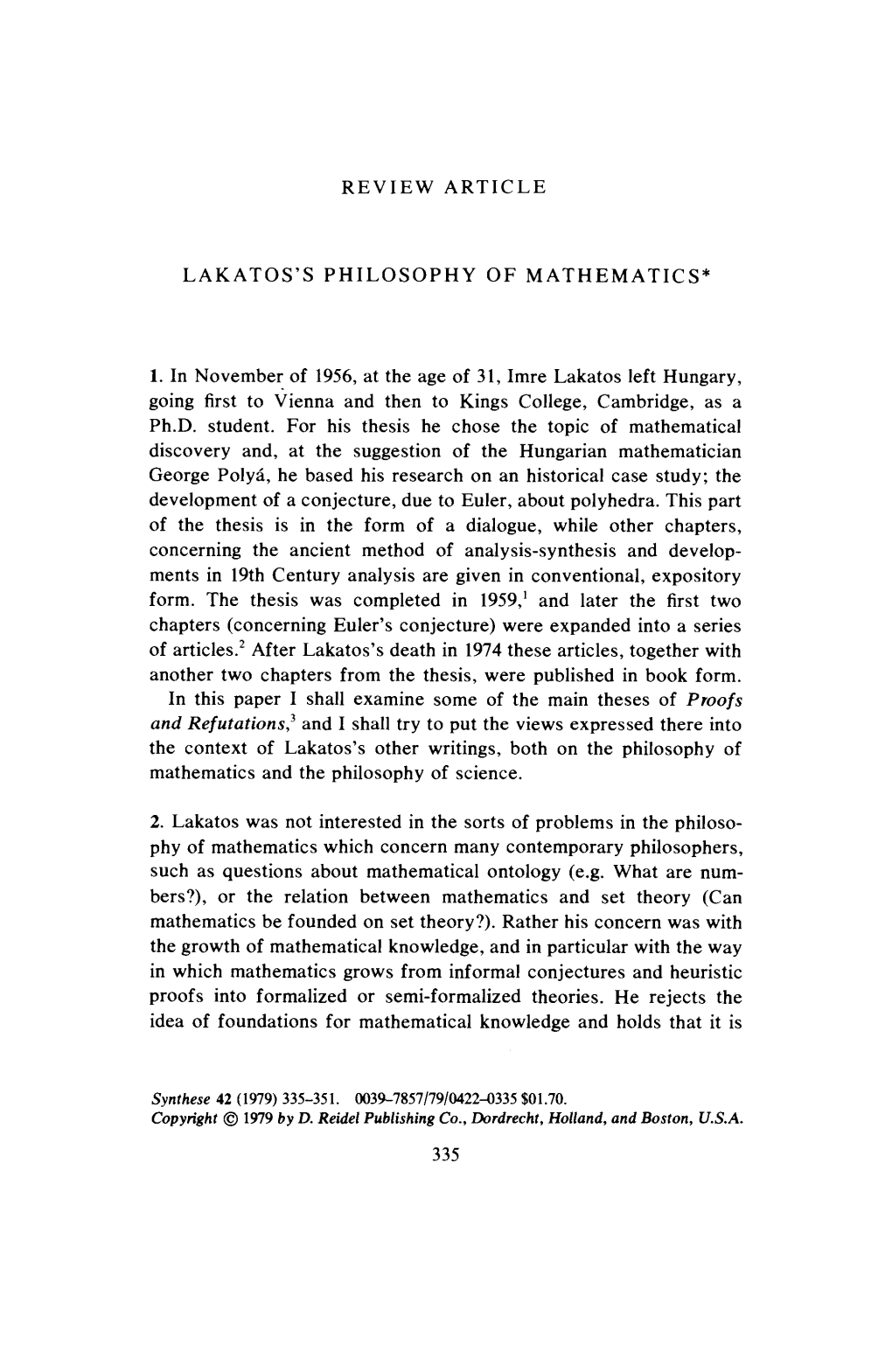 Review Article Lakatos's Philosophy of Mathematics