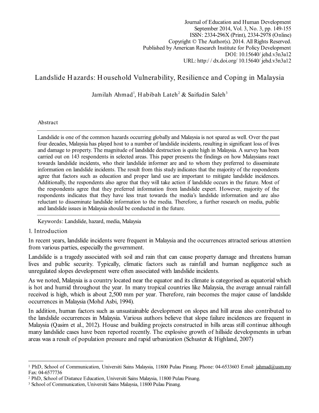 Landslide Hazards: Household Vulnerability, Resilience and Coping in Malaysia