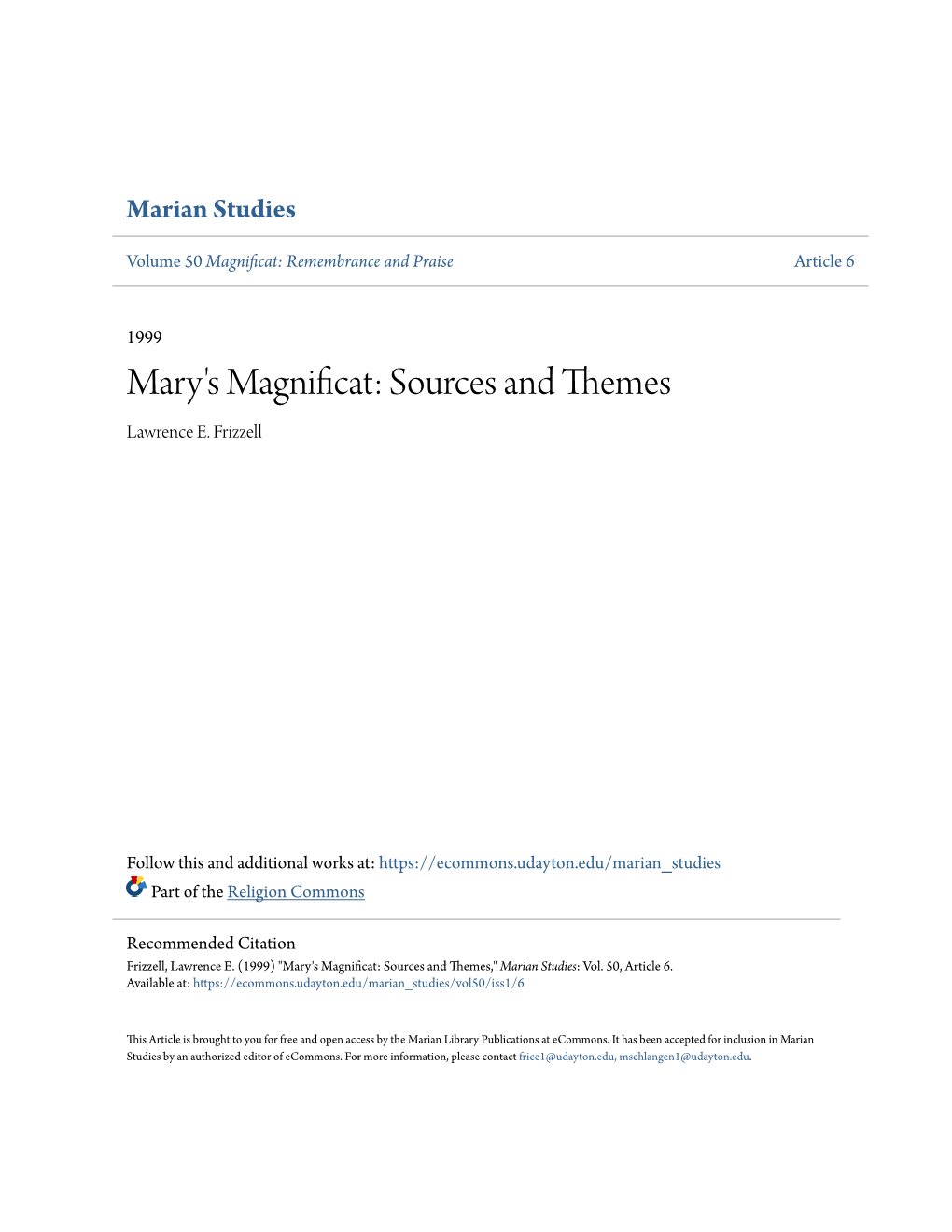 Mary's Magnificat: Sources and Themes Lawrence E
