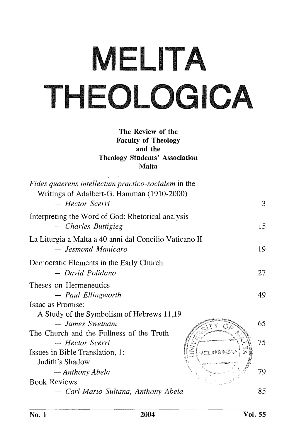 Melita Theologica Issn 1012-9588