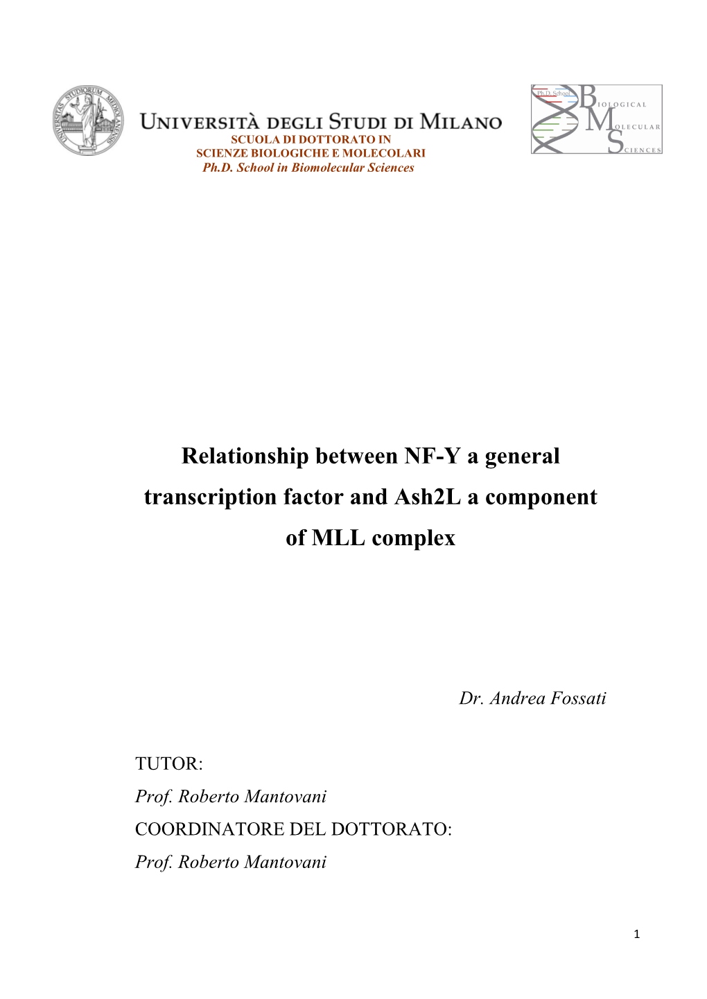 Relationship Between NF-Y a General Transcription Factor and Ash2l a Component of MLL Complex