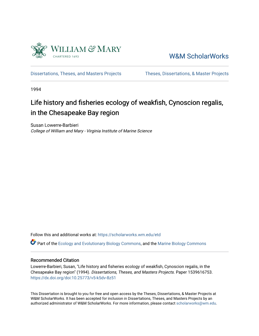 Life History and Fisheries Ecology of Weakfish, Cynoscion Regalis, in The