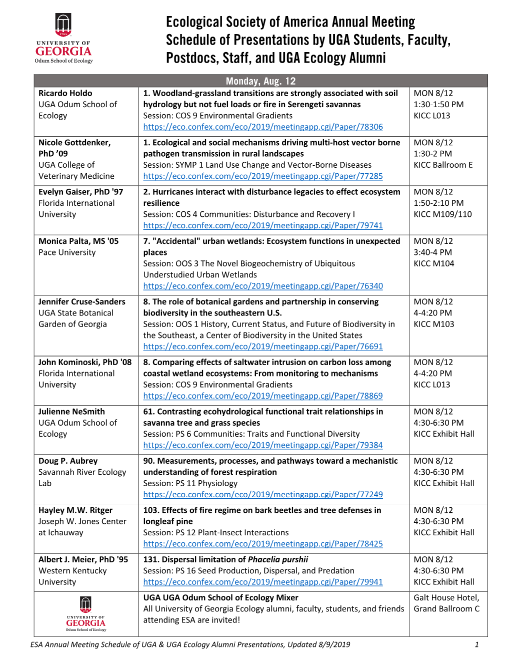 Ecological Society of America Annual Meeting Schedule of Presentations by UGA Students, Faculty, Postdocs, Staff, and UGA Ecology Alumni