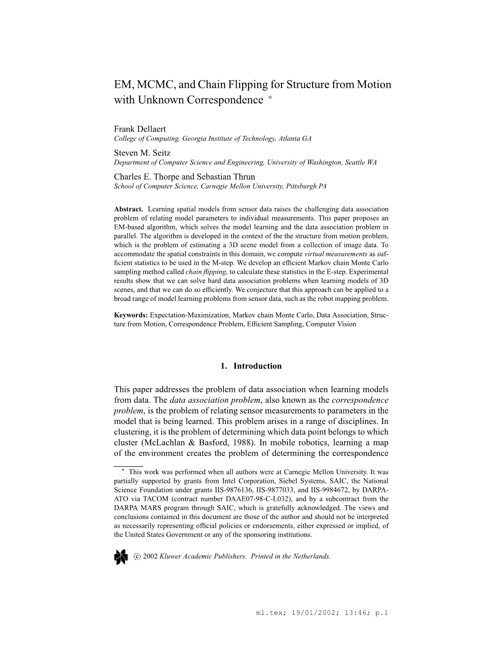 EM, MCMC, and Chain Flipping for Structure from Motion with Unknown Correspondence