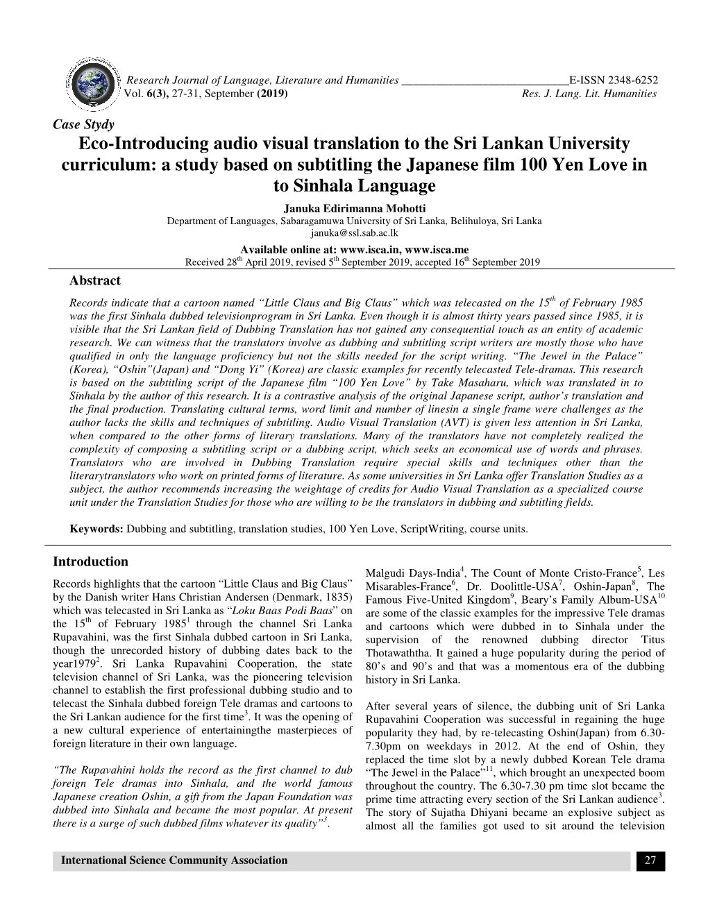 A Study Based on Subtitlin Cing Audio Visual Translation to the Sri Lankan