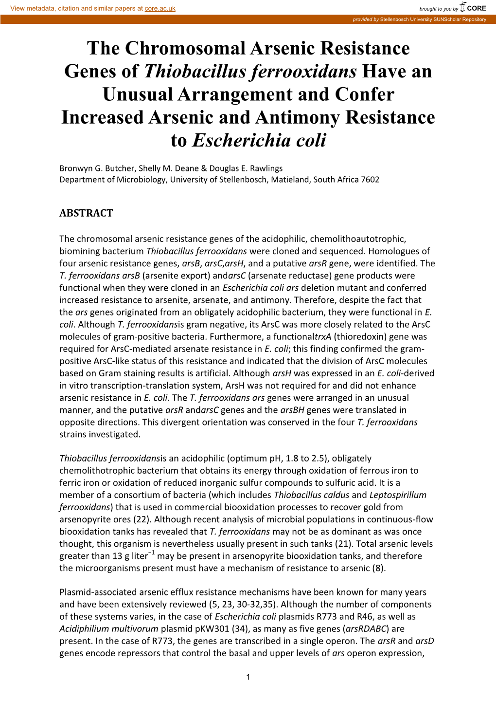 The Chromosomal Arsenic Resistance Genes of Thiobacillus Ferrooxidans Have an Unusual Arrangement and Confer Increased Arsenic A
