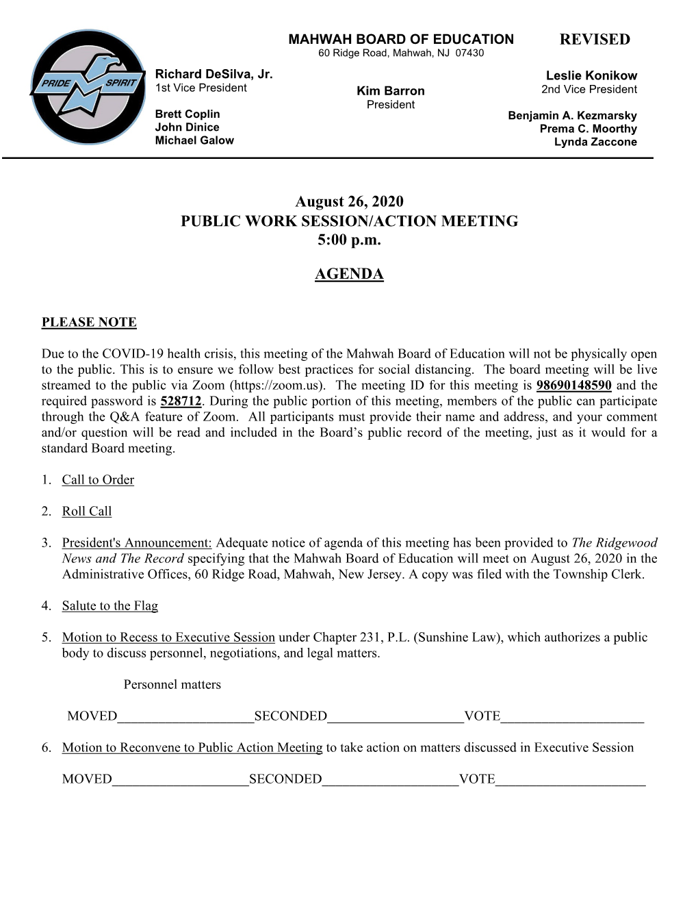 REVISED August 26, 2020 PUBLIC WORK SESSION/ACTION