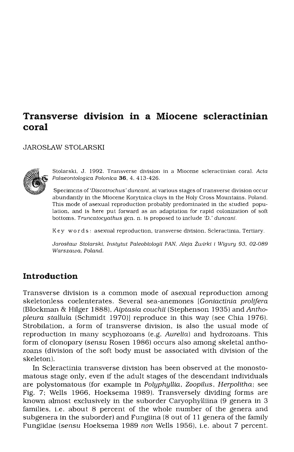 Transverse Division in a Miocene Scleractinian Coral