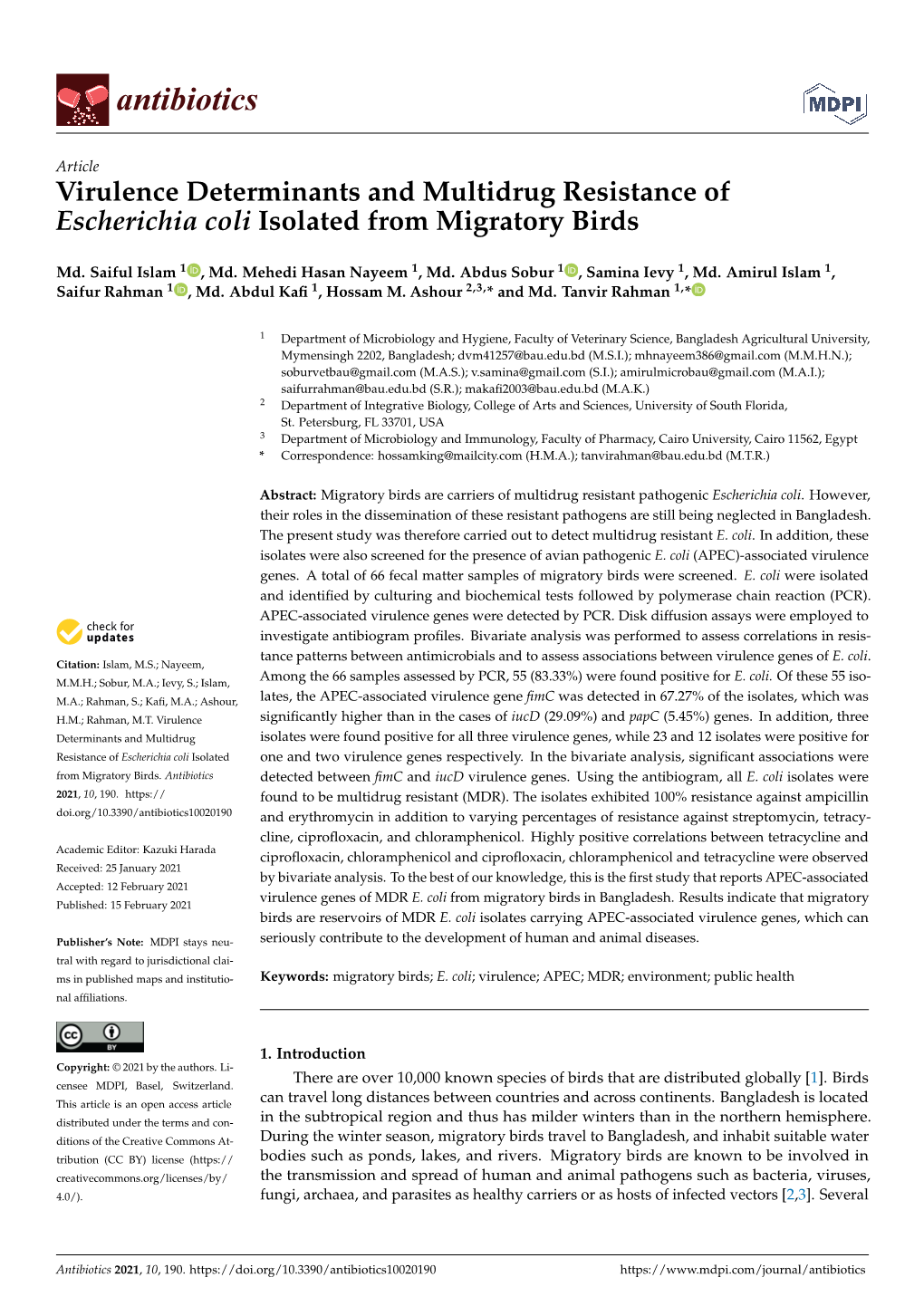 Virulence Determinants and Multidrug Resistance of Escherichia Coli Isolated from Migratory Birds