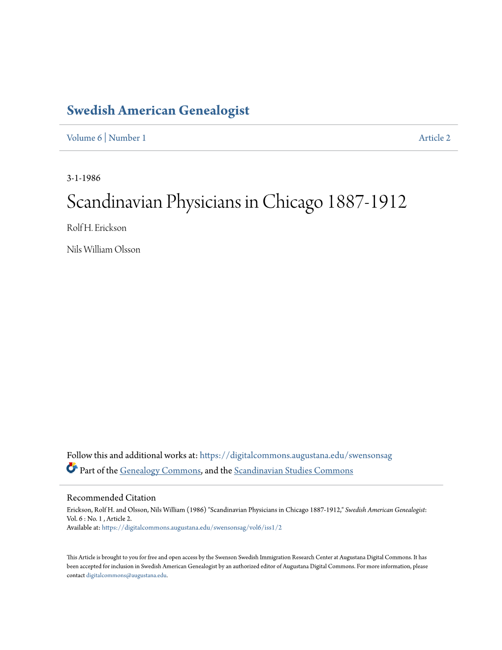 Scandinavian Physicians in Chicago 1887-1912 Rolf H