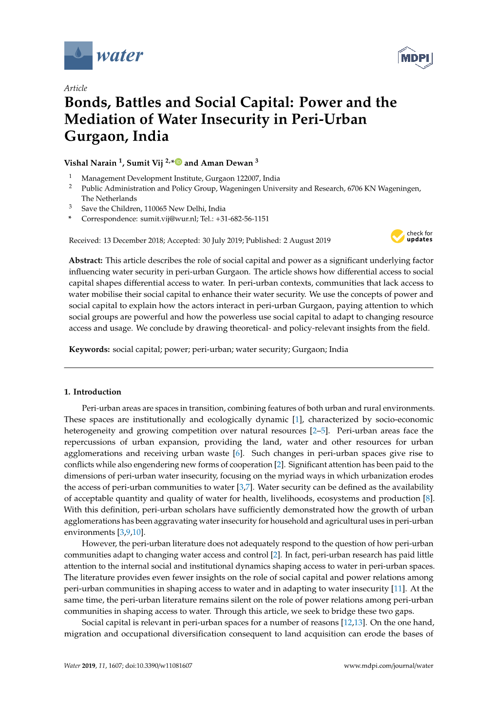 Bonds, Battles and Social Capital: Power and the Mediation of Water Insecurity in Peri-Urban Gurgaon, India