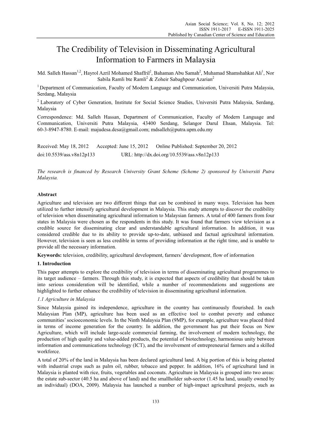 The Credibility of Television in Disseminating Agricultural Information to Farmers in Malaysia