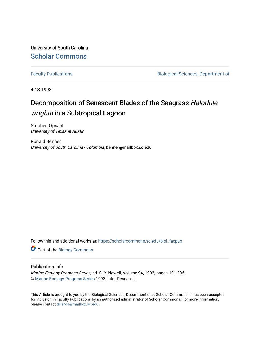 Decomposition of Senescent Blades of the Seagrass Halodule Wrightii in a Subtropical Lagoon