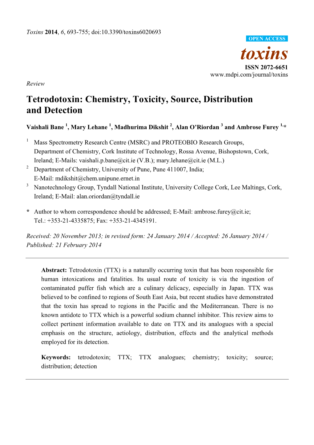 Tetrodotoxin: Chemistry, Toxicity, Source, Distribution and Detection