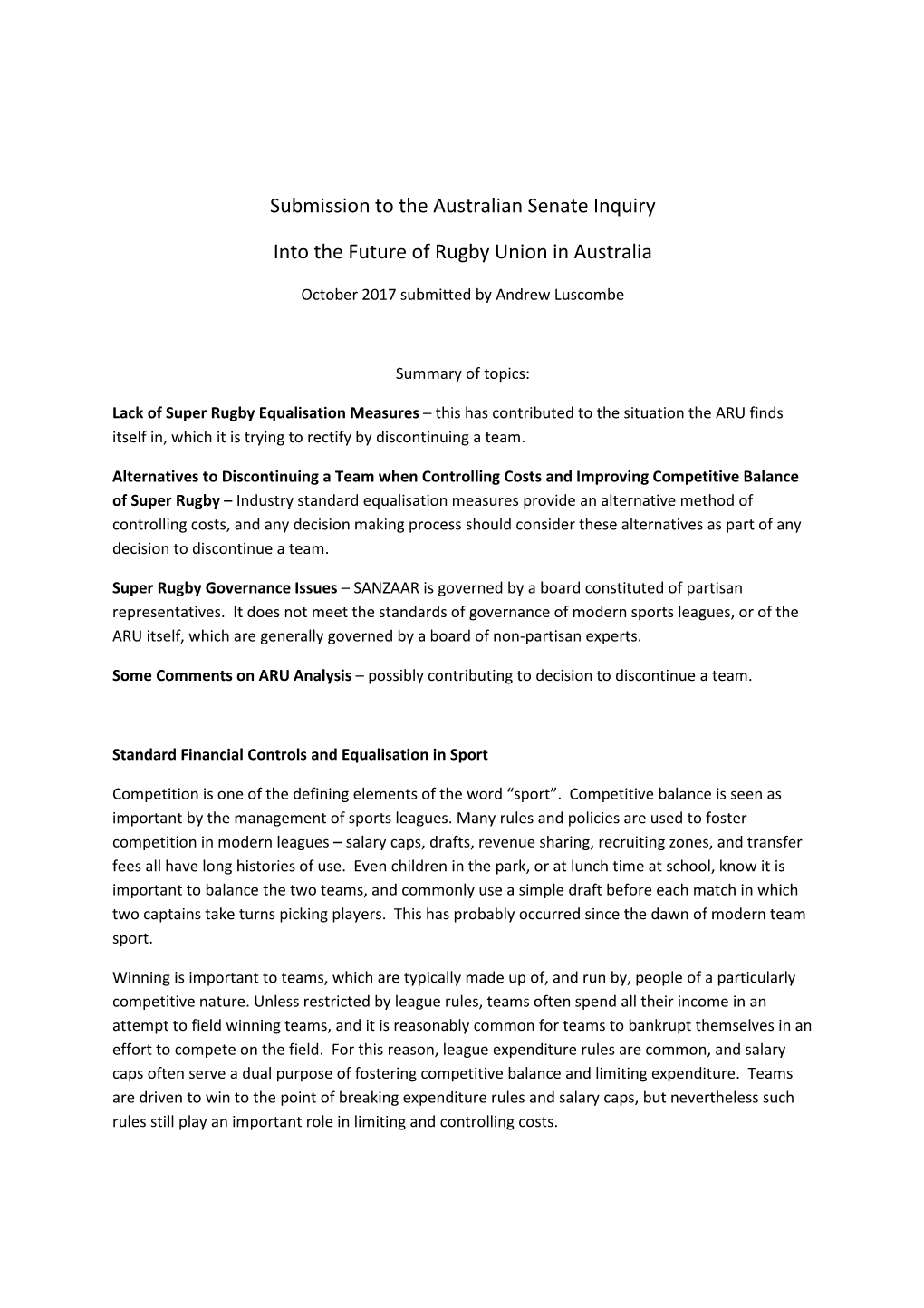 Submission to the Australian Senate Inquiry Into the Future of Rugby