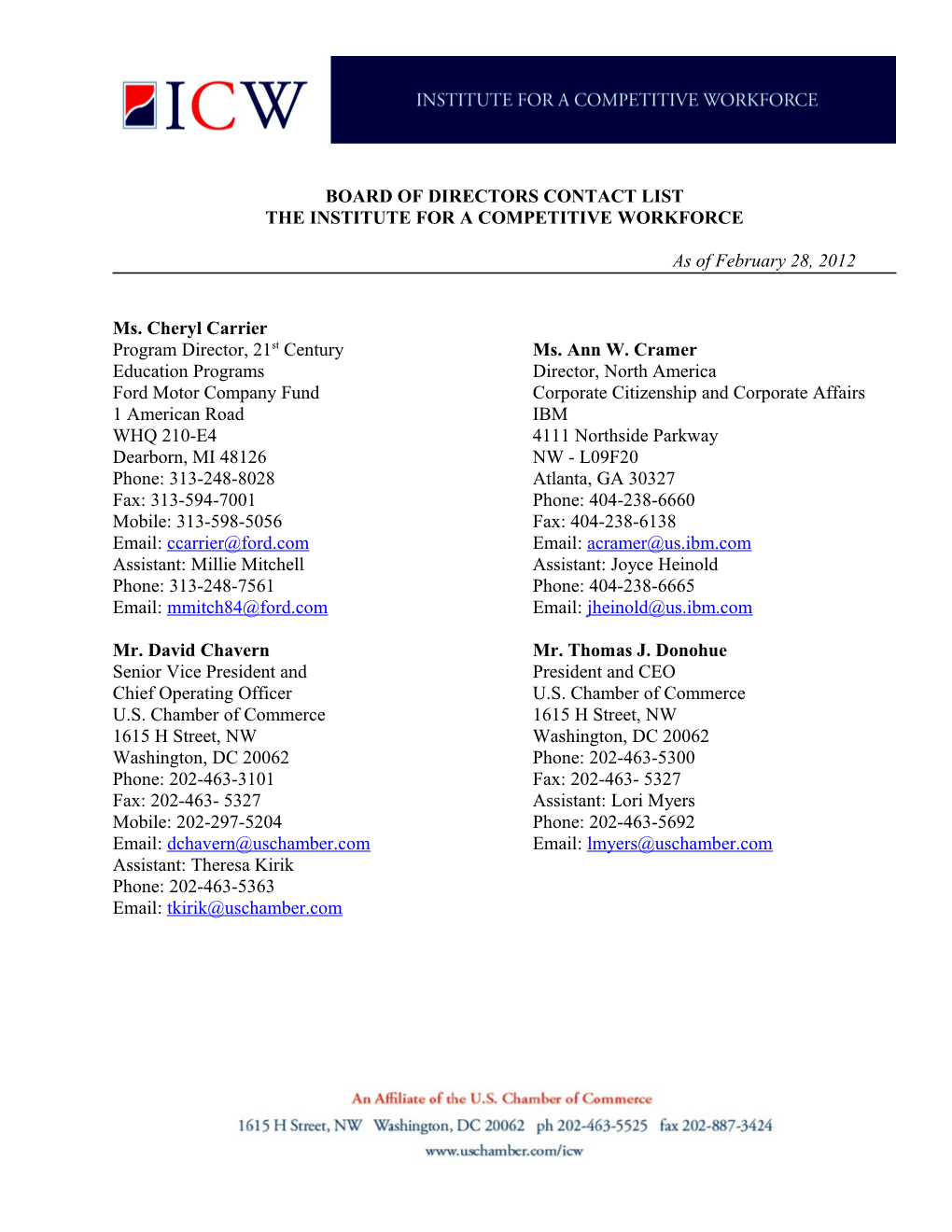 Board of Directors Contact List