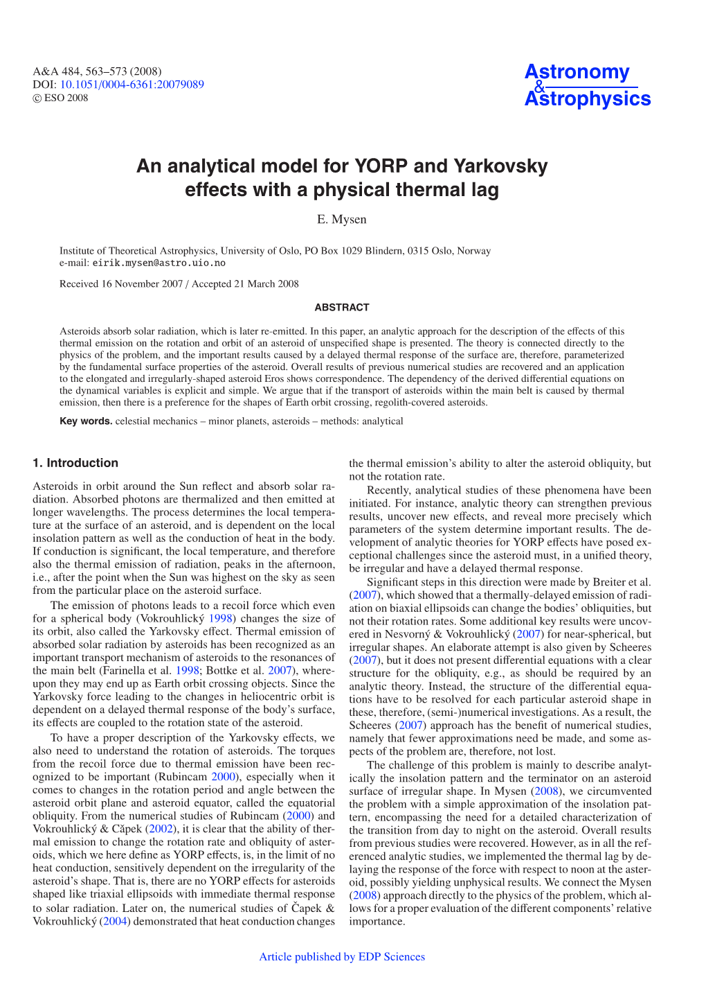 An Analytical Model for YORP and Yarkovsky Effects with a Physical Thermal Lag