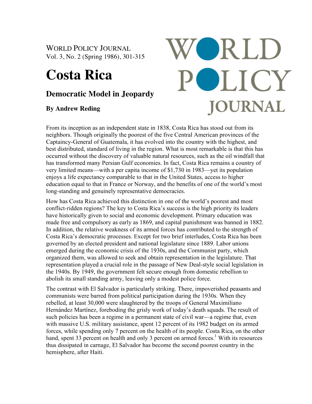 Costa Rica: Democratic Model in Jeopardy