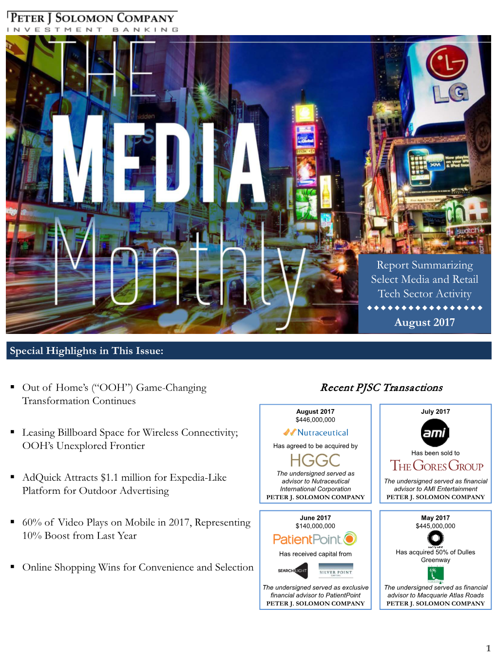 Report Summarizing Select Media and Retail Tech Sector Activity  August 2017