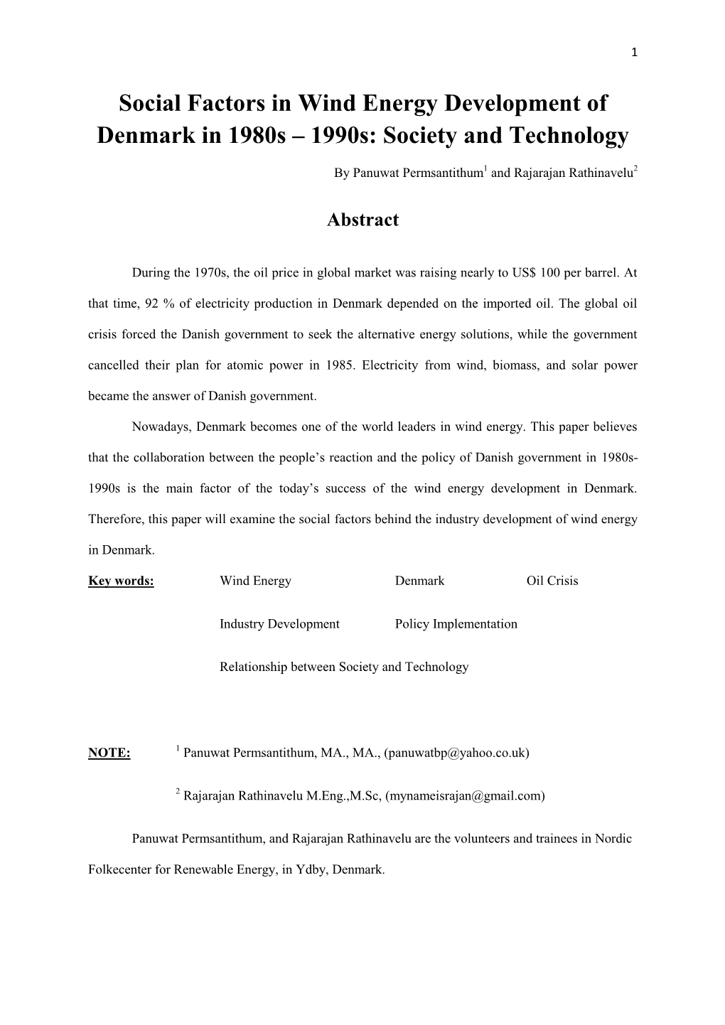 Social Factors in Wind Energy Development of Denmark in 1980S – 1990S: Society and Technology