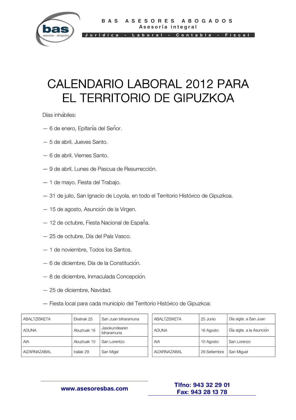 Calendario Laboral 2012 Para El Territorio De Gipuzkoa El