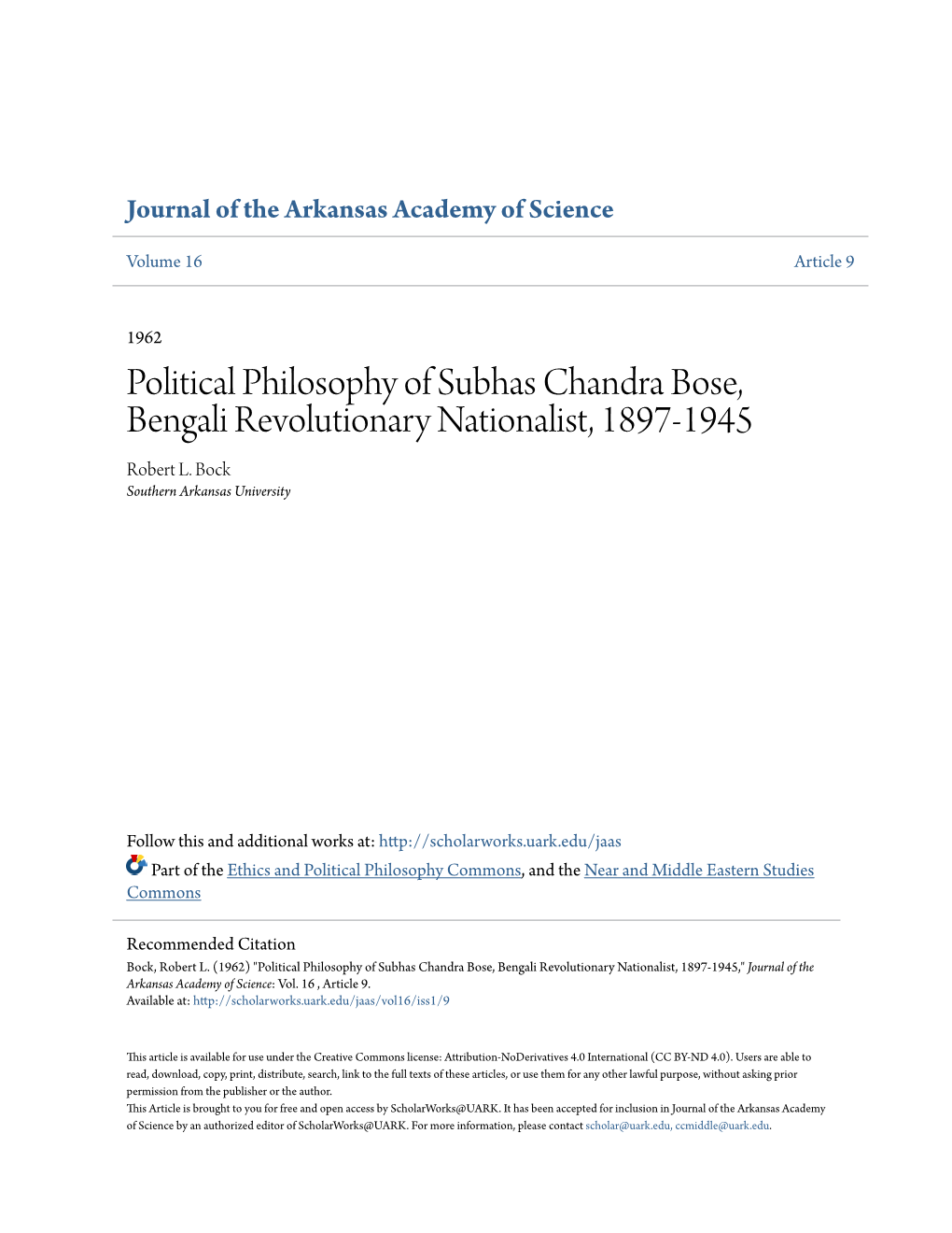 Political Philosophy of Subhas Chandra Bose, Bengali Revolutionary Nationalist, 1897-1945 Robert L