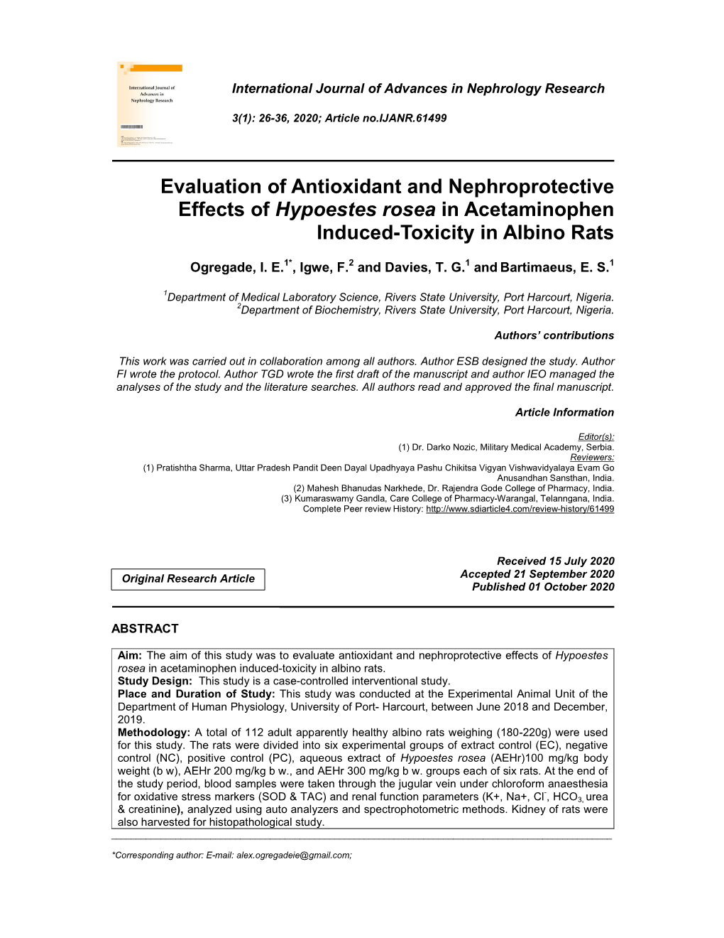 Evaluation of Antioxidant and Nephroprotective Effects of Hypoestes Rosea in Acetaminophen Induced-Toxicity in Albino Rats