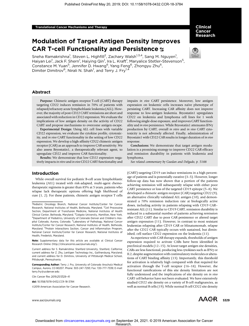 Modulation of Target Antigen Density Improves CAR T-Cell Functionality and Persistence Sneha Ramakrishna1, Steven L