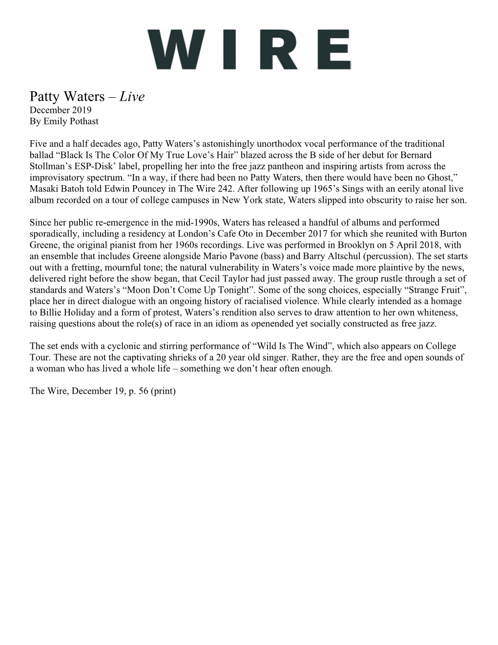 Patty Waters – Live December 2019 by Emily Pothast
