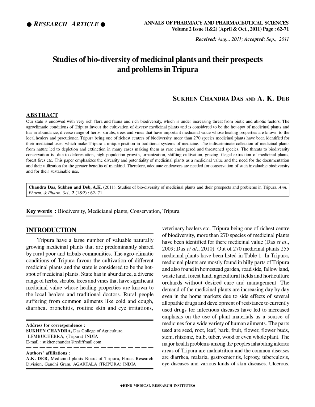 Studies of Bio-Diversity of Medicinal Plants and Their Prospects and Problems in Tripura