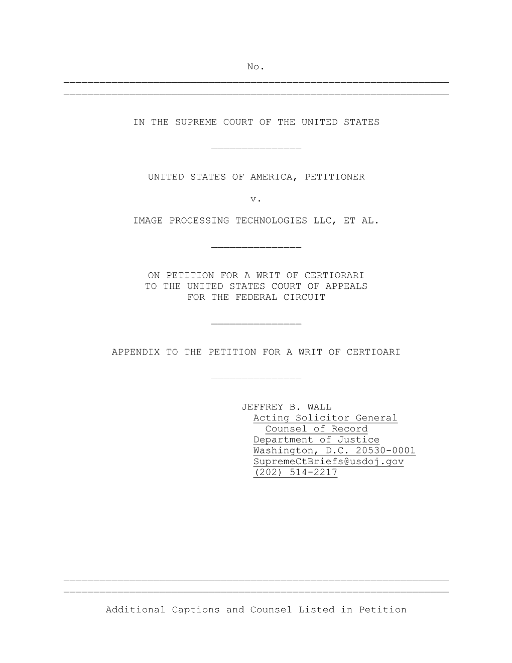 Appendix to the Petition for a Writ of Certioari