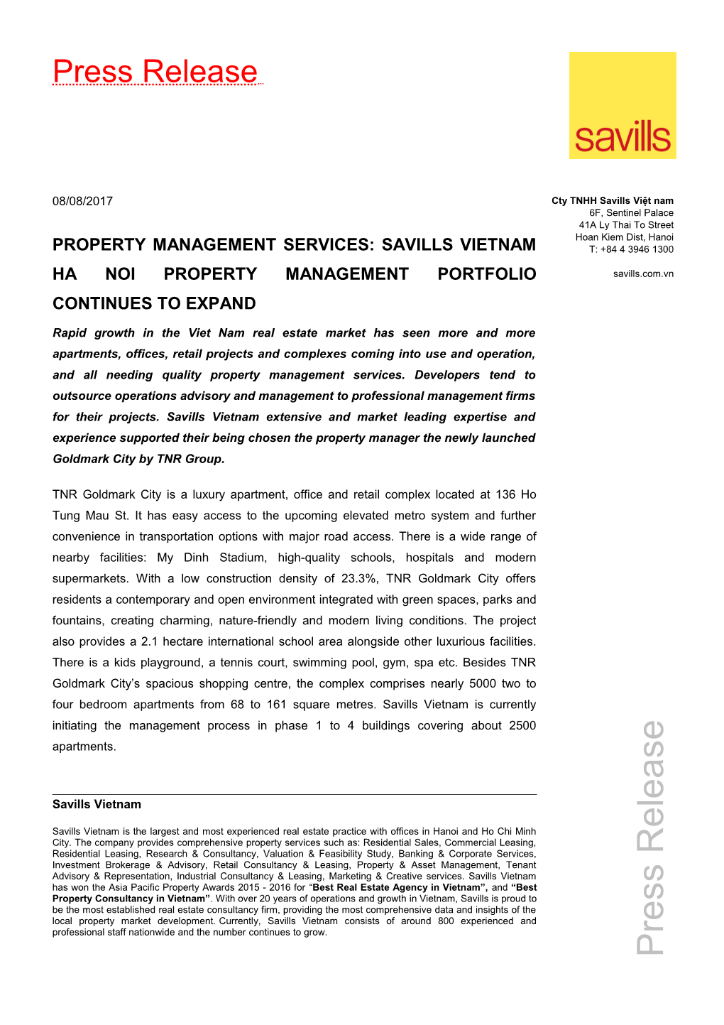 Property Management Services: Savills Vietnam Ha Noi Property Management Portfolio Continues