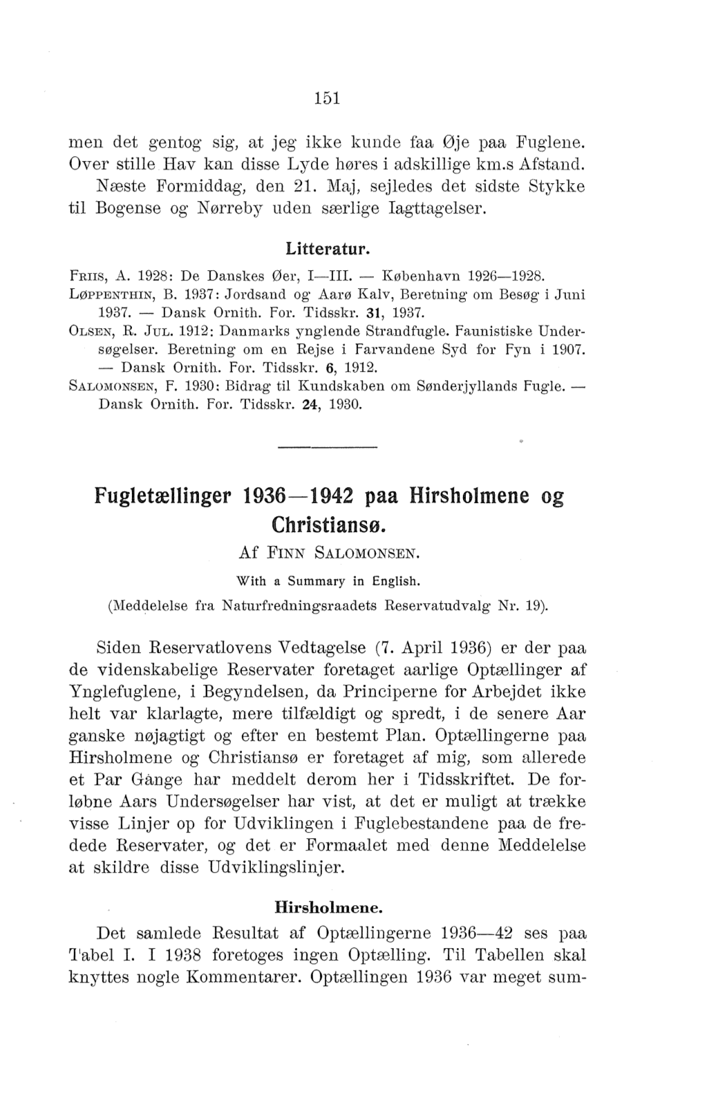 Fugletællinger 1936-1942 Paa Hirsholmene Og Christiansø. Af FINN SALOMONSEN