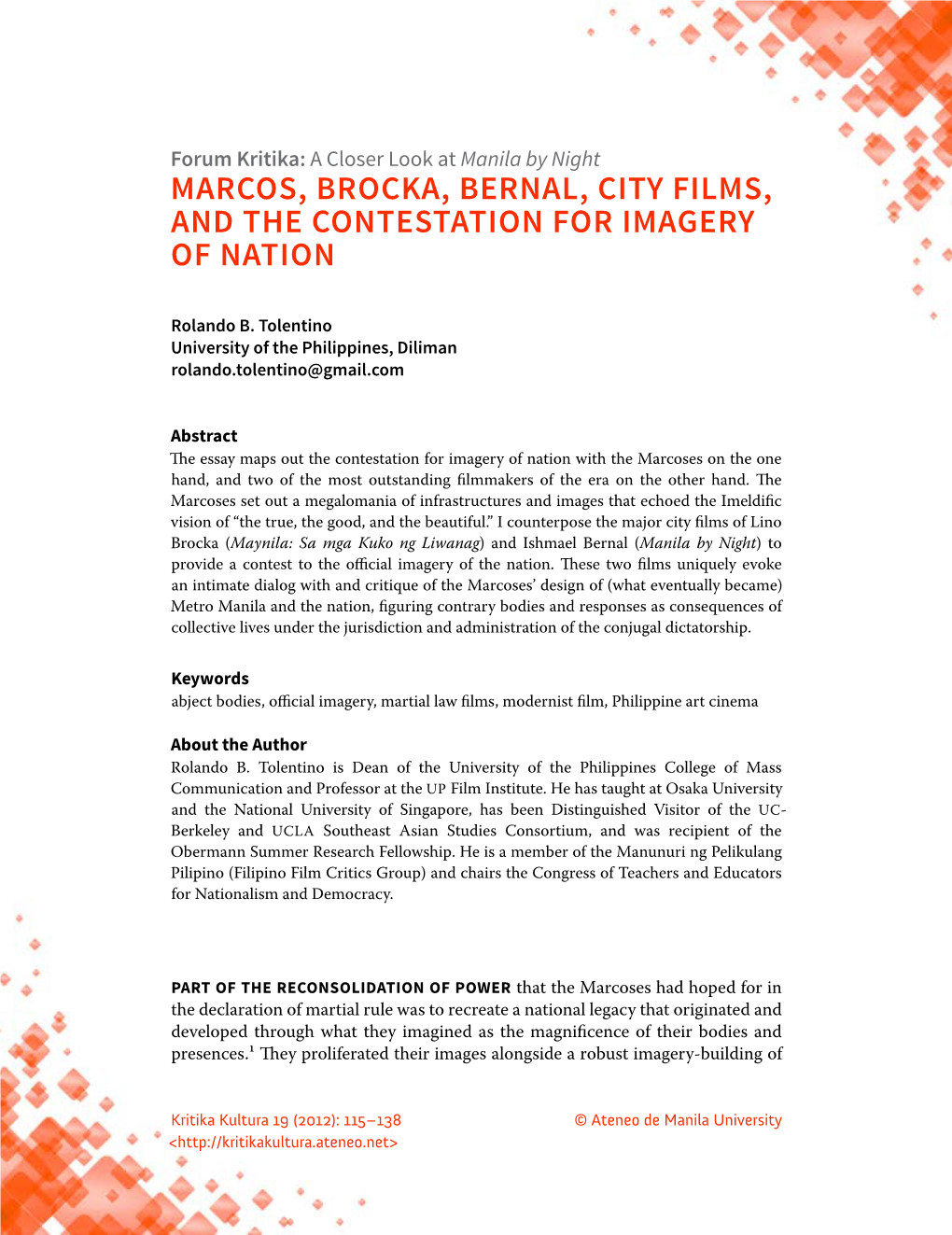 Marcos, Brocka, Bernal, City Films, and the Contestation for Imagery of Nation