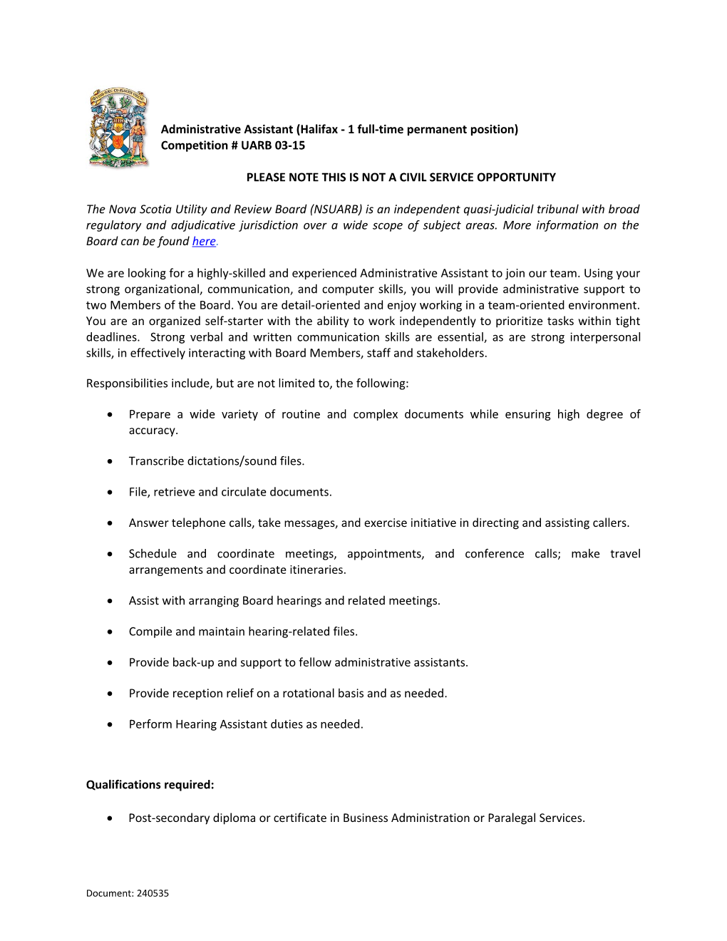 Administrative Assistant (Halifax - 1 Full-Time Permanent Position)