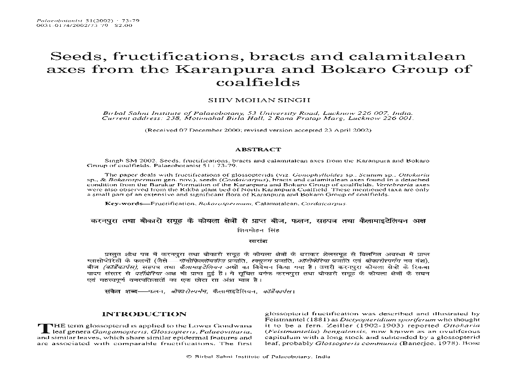 Seeds, Fructifications, Bracts and Calamitalean Axes from the Karanpura and Bokaro Group of Coalfields
