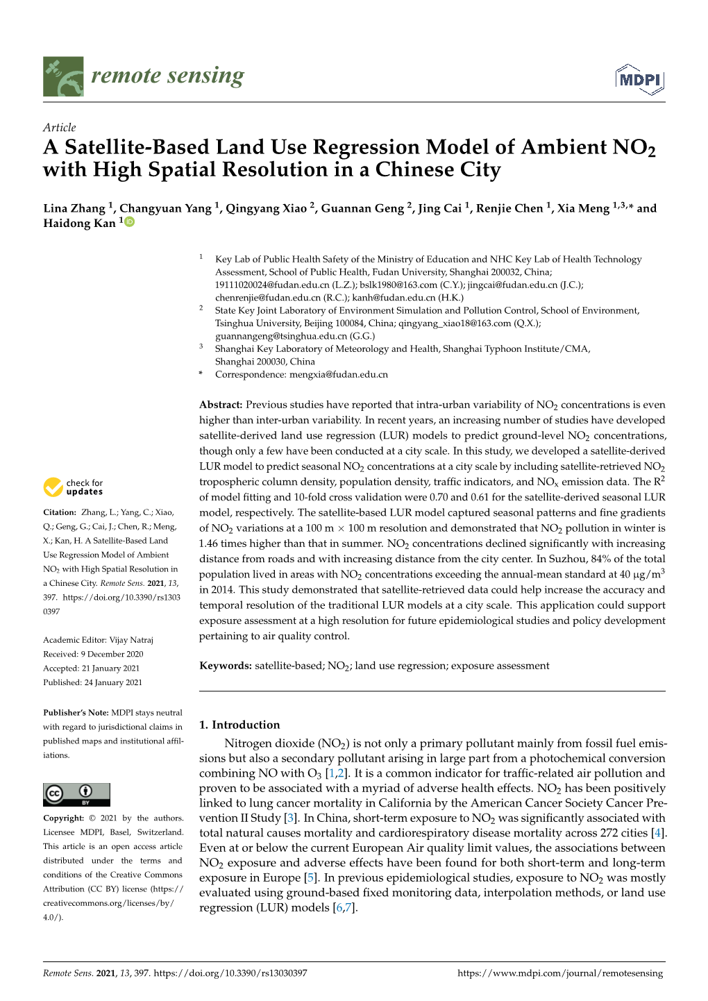 A Satellite-Based Land Use Regression Model of Ambient NO2 with High Spatial Resolution in a Chinese City