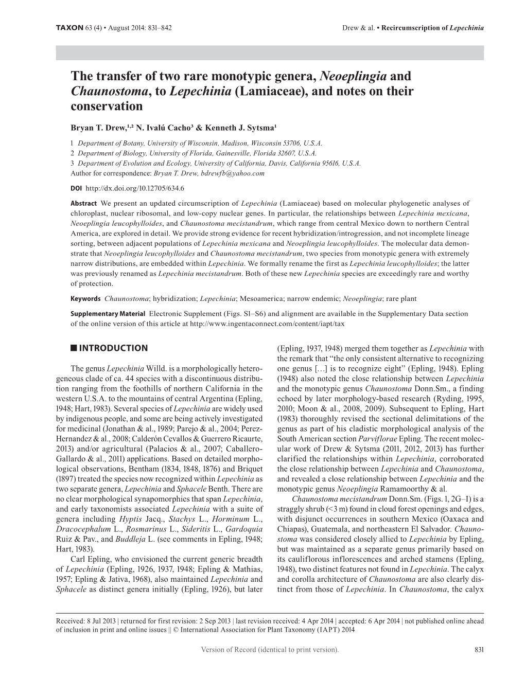 TAXON 63 (4) • August 2014: 831–842 Drew & Al