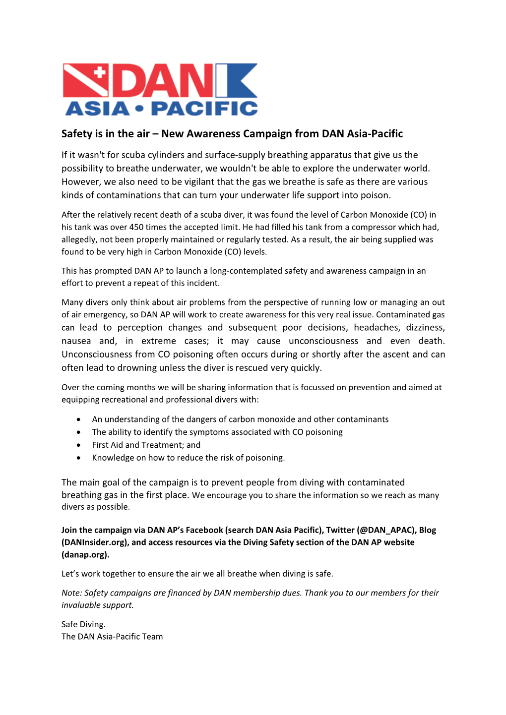 Safety Is in the Air – New Awareness Campaign from DAN Asia-Pacific