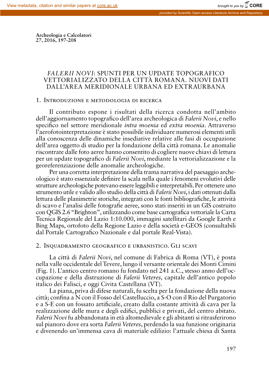 Falerii Novi: Spunti Per Un Update Topografico Vettorializzato Della Città Romana