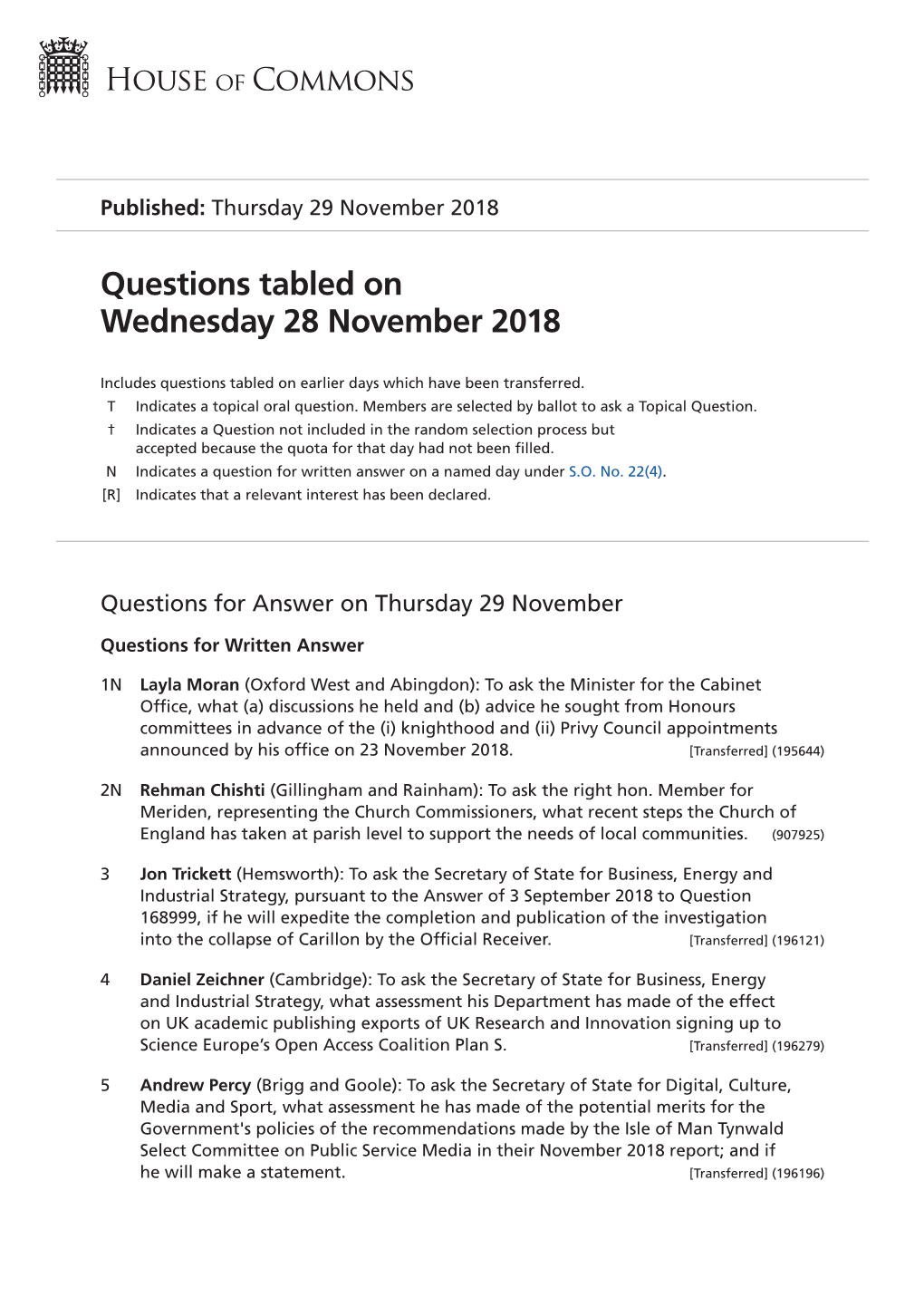 Questions Tabled on Wed 28 Nov 2018