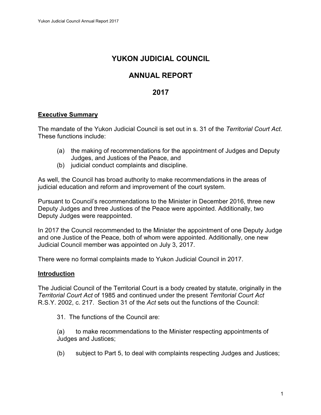 Yukon Judicial Council Annual Report 2017