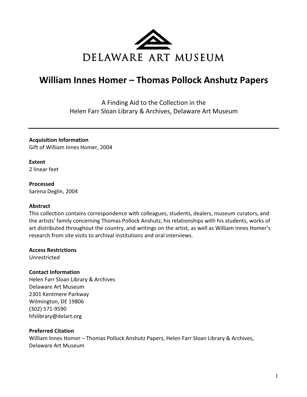 Homer, William Innes Research Papers on Thomas Pollock Anshutz