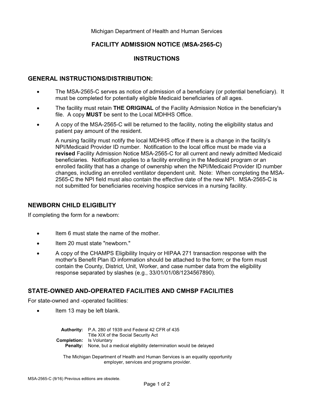 Msa-2565-C Facility Admission Notice